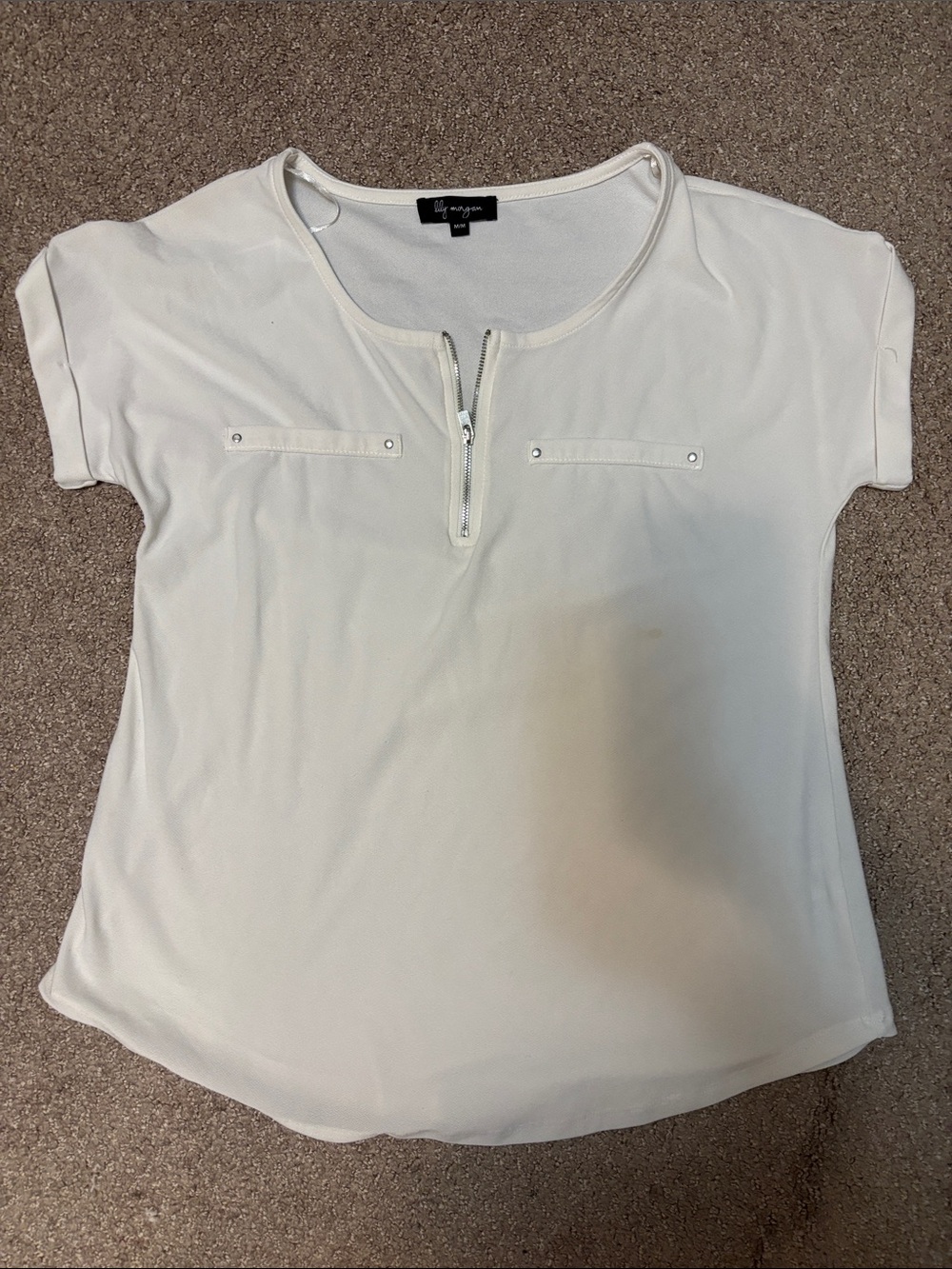 Lush Women's Off-White Short Sleeve Zip Front Top